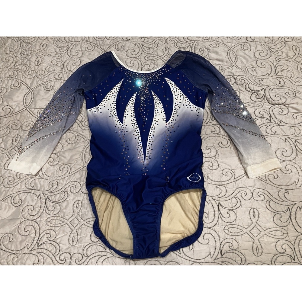 OZone Blue White Rhinestone Long Sleeve Gymnastics Leotard Adult XL